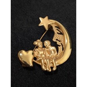 Vintage Gold Tone Crescent Moon Couple Heart Star Brooch Pin